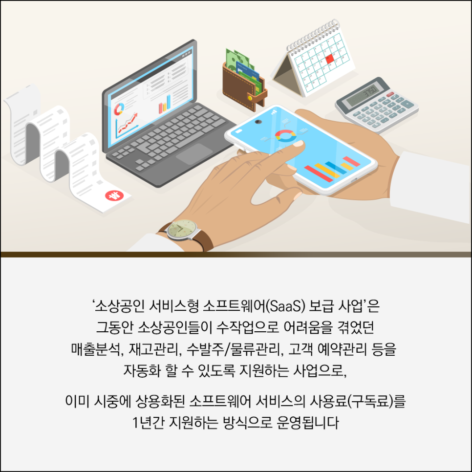 '소상공인 서비스형 소프트웨어(SaaS) 보급 사업'은
그동안 소상공인들이 수작업으로 어려움을 겪었던
매출분석, 재고관리, 수발주/물류관리, 고객 예약관리 등을
자동화 할 수 있도록 지원하는 사업으로,

이미 시중에 상용화된 소프트웨어 서비스의 사용료(구독료)를 
1년간 지원하는 방식으로 운영됩니다