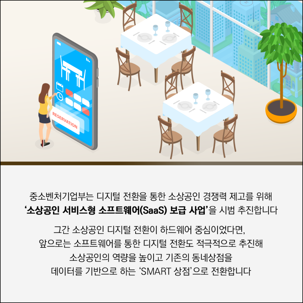 중소벤처기업부는 디지털 전환을 통한 소상공인 경쟁력 제고를 위해
'소상공인 서비스형 소프트웨어(SaaS) 보급 사업'을 시범 추진합니다

그간 소상공인 디지털 전환이 하드웨어 중심이었다면,
앞으로는 소프트웨어를 통한 디지털 전환도 적극적으로 추진해
소상공인의 역량을 높이고 기존의 동네상점을
데이터를 기반으로 하는 'SMART 상점'으로 전환합니다