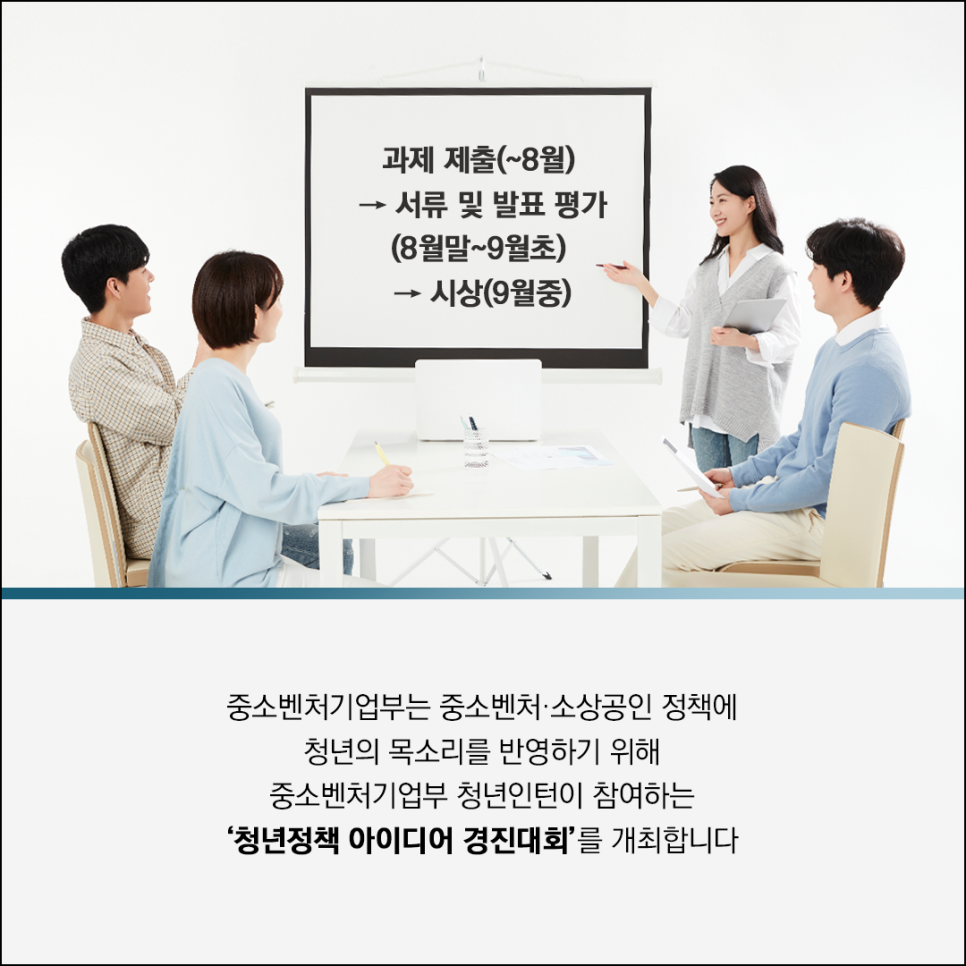 과제제출(~8월)
서류 및 발표 평가
(9월말~9월초)
시상(9월 중)

중소벤처기업부는 중소벤처 · 소상공인 정책에
청년의 목소리를 반영하기 위해
중소벤처기업부 청년인턴이 참여하는
'청년정책 아이디어 경진대회'를 개최합니다