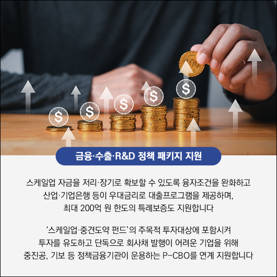 금융·수출·R&D 정책 패키지 지원

스케일업 자금을 저리·장기로 확보할 수 있도록 융자조건을 완화하고
산업·기업은행 등이 우대금리로 대출프로그램을 제공하며,
최대 200억 원 한도의 특례보증도 지원합니다 

'스케일업·중견도약 펀드'의 주목적 투자대상에 포함시켜
투자를 유도하고 단독으로 회사채 발행이 어려운 기업을 위해
중진공, 기보 등 정책금융기관이 운용하는 PCBO를 연계 지원합니다