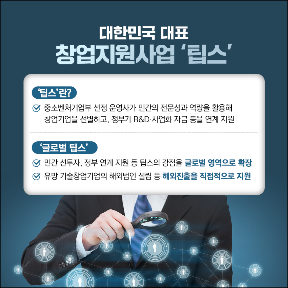 대한민국 대표 
창업지원사업 '립스'

'팁스'란? 
(체크) 중소벤처기업부 선정 운영사가 민간의 전문성과 역량을 활용해 
창업기업을 선별하고, 정부가 R&D 사업화 자금 등을 연계 지원

'글로벌 팁스' 
(체크) 민간 선투자, 정부 연계 지원 등 팁스의 강점을 글로벌 영역으로 확장
(체크) 유망 기술창업기업의 해외법인 설립 등 해외진출을 직접적으로 지원