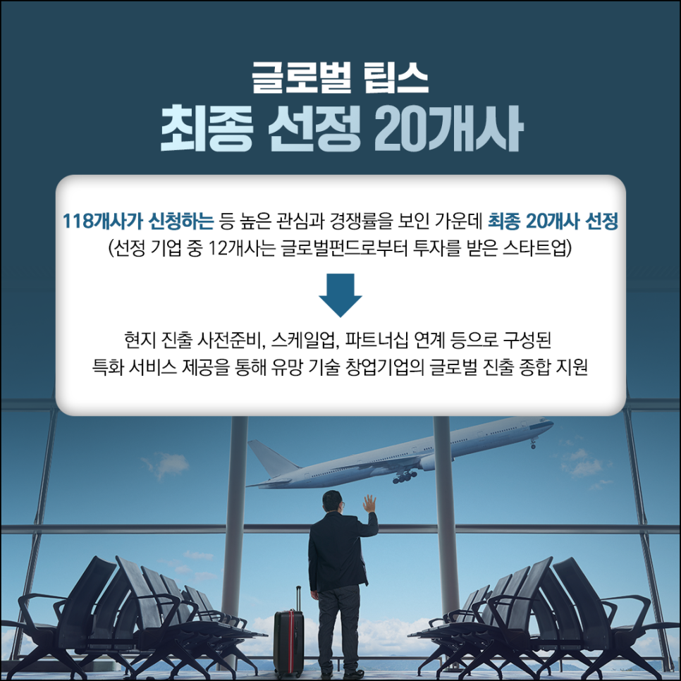 글로벌 팁스
최종 선정 20개사

118개사가 신청하는 등 높은 관심과 경쟁률을 보인 가운데 최종 20개사 선정
(선정 기업 중 12개사는 글로벌펀드로부터 투자를 받은 스타트업) 

현지 진출 사전준비, 스케일업, 파트너십 연계 등으로 구성된
특화 서비스 제공을 통해 유망 기술 창업기업의 글로벌 진출 종합 지원