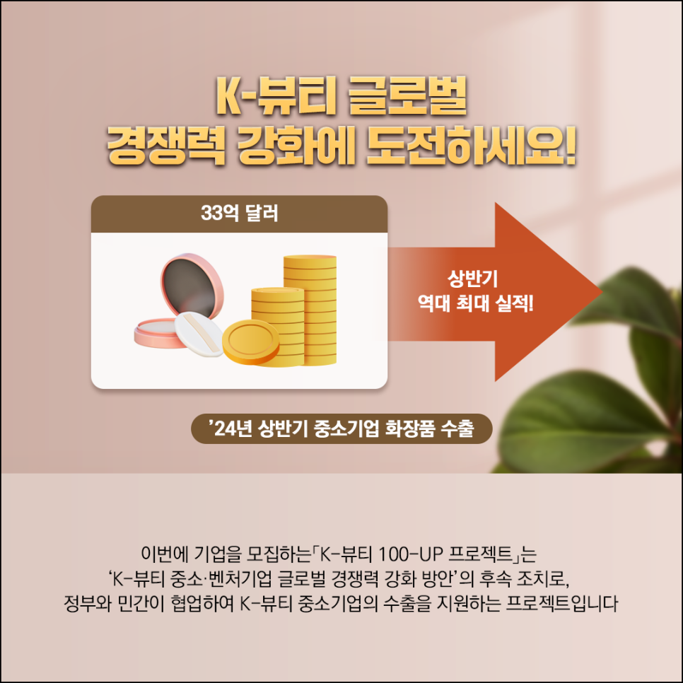 K-뷰티 글로벌 
경쟁력 강화에 도전하세요! 

33억 달러 
상반기 역대 최대 실적! 
'24년 상반기 중소기업 화장품 수출 

이번에 기업을 모집하는「K-뷰티 100-UP 프로젝트」는
'K-뷰티 중소·벤처기업 글로벌 경쟁력 강화 방안'의 후속 조치로,
정부와 민간이 협업하여 K-뷰티 중소기업의 수출을 지원하는 프로젝트입니다