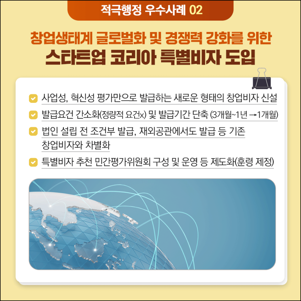 적극행정 우수사례 02

창업생태계 글로벌화 및 경쟁력 강화를 위한
스타트업 코리아 특별비자 도입

(체크) 사업성, 혁신성 평가만으로 발급하는 새로운 형태의 창업비자 신설
(체크) 발급요건 간소화(정량적 요건x) 및 발급기간 단축(3개월~1년 → 1개월)
(체크) 법인 설립 전 조건부 발급, 재외공관에서도 발급 등 기존 창업비자와 차별화
(체크) 특별비자 추천 민간평가위원회 구성 및 운영 등 제도화(훈령 제정)