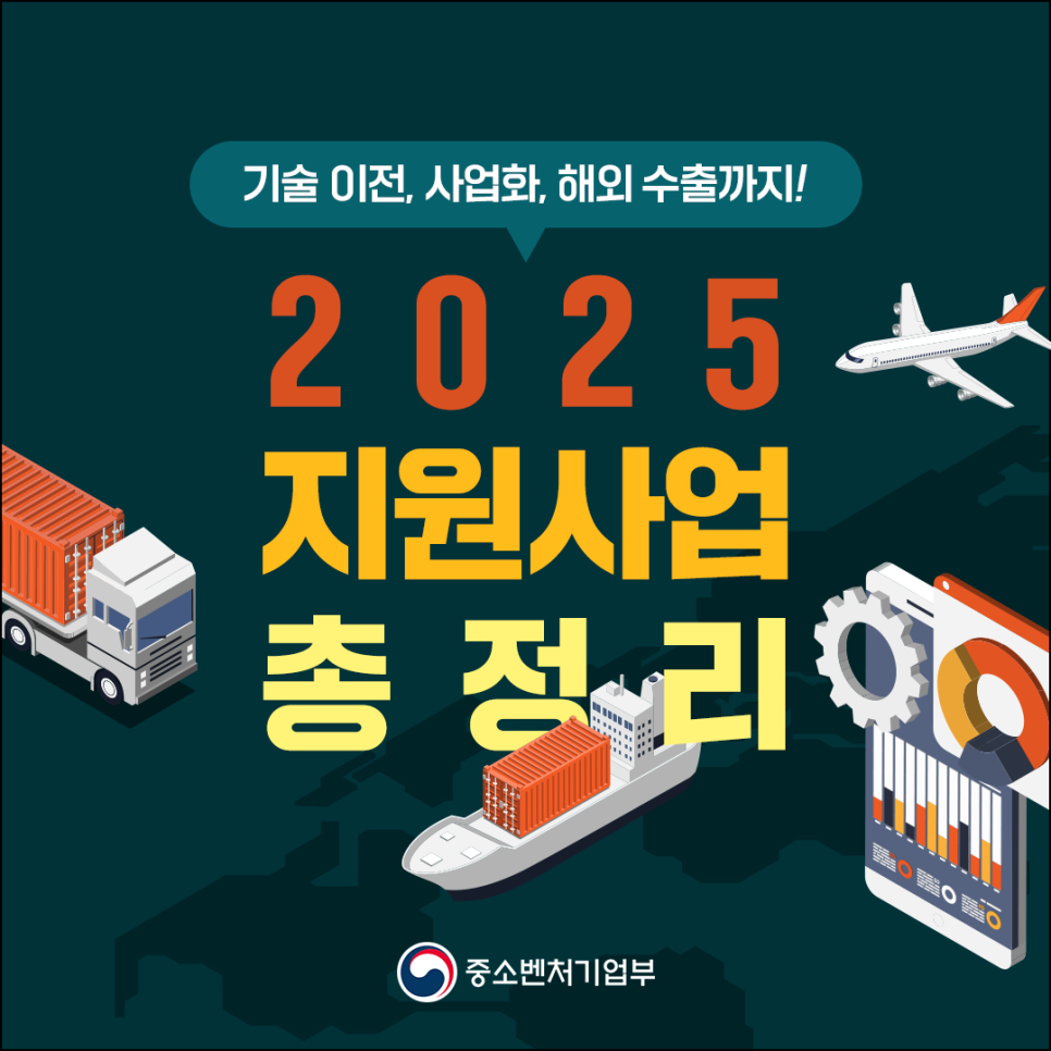 기술이전, 사업화, 해외 수출까지!
2025
지원사업
총정리

중소벤처기업부