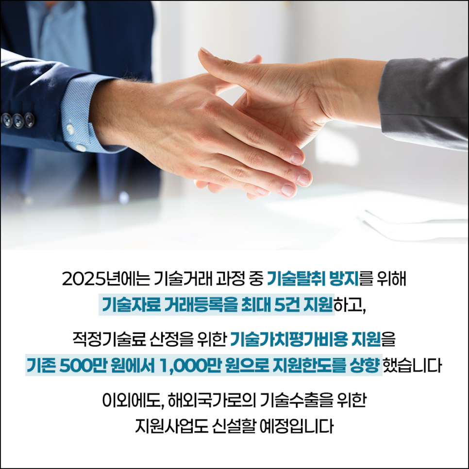 2025년에는 기술거래 과정 중 기술탈취 방지를 위해
기술자료 거래등록을 최대 5건 지원하고,
적정기술료 산정을 위한 기술가치평가비용 지원을
기존 500만 원에서 1,000만 원으로 지원한도를 상향 했습니다

이외에도, 해외국가로의 기술수출을 위한
지원사업도 신설할 예정입니다