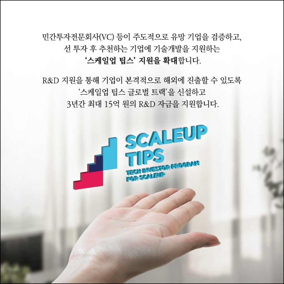 민간투자전문회사(VC) 등이 주도적으로 유망 기업을 검증하고,
선 투자 후 추천하는 기업에 기술개발을 지원하는
'스케일업 팁스' 지원을 확대합니다.

R&D 지원을 통해 기업이 본격적으로 해외에 진출할 수 있도록
'스케일업 팁스 글로벌 트랙'을 신설하고
3년간 최대 15억 원의 R&D 자금을 지원합니다.

SCALEUP
TIPS
TECH INVESTOR PROGRAM
FOR SCALEUP