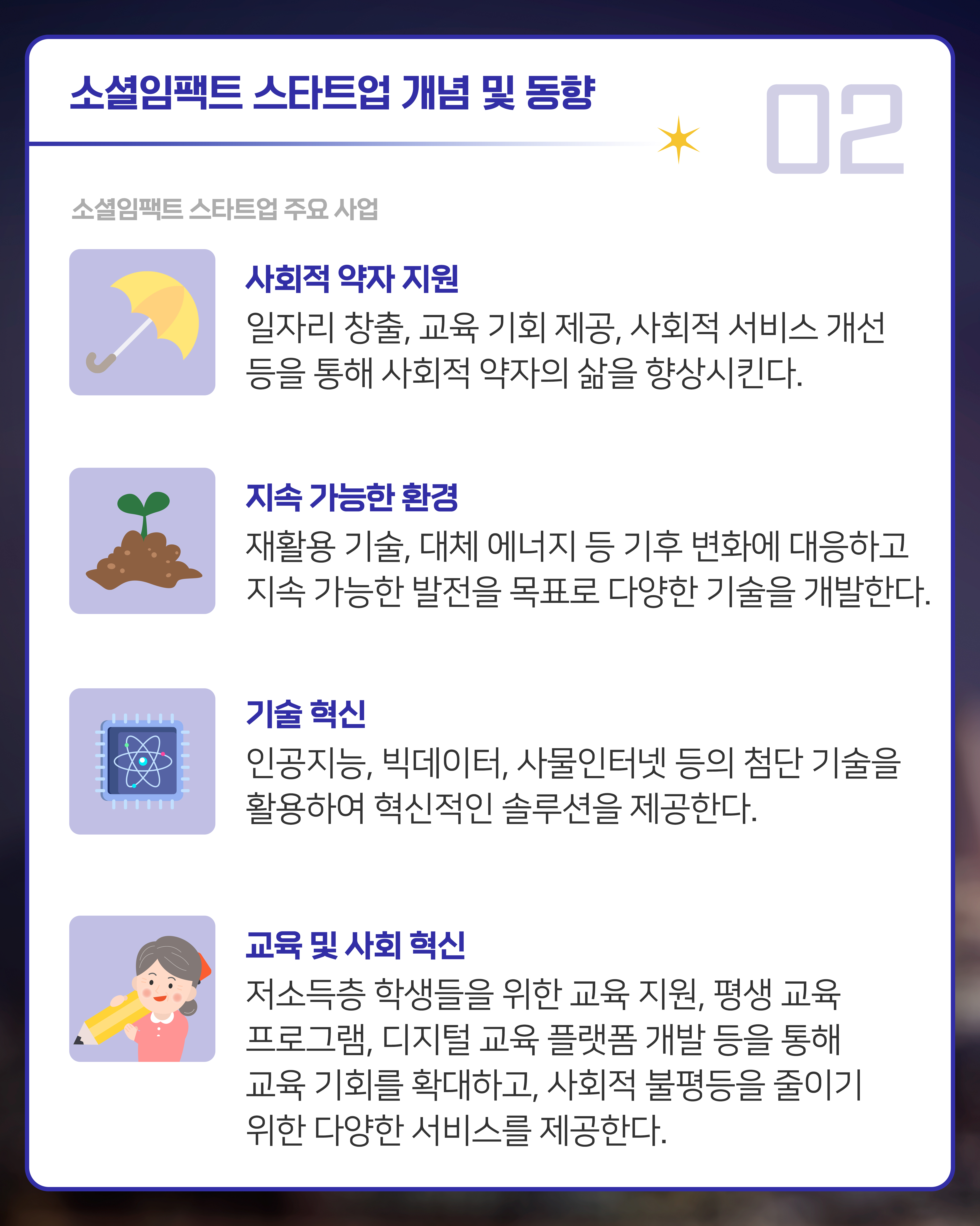 [소셜임팩트 스타트업 주요 사업]
1. 사회적 약자 지원: 일자리 창출, 교육 기회 제공, 사회적 서비스 개선 등을 통해 사회적 약자의 삶을 향상시킨다.
2. 지속 가능한 환경: 재활용 기술, 대체 에너지 등 기후 변화에 대응하고 지속 가능한 발전을 목표로 다양한 기술을 개발한다.
3. 기술 혁신: 인공지능, 빅데이터, 사물인터넷 등의 첨단 기술을 활용하여 혁신적인 솔루션을 제공한다.
4. 교육 및 사회 혁신: 저소득층 학생들을 위한 교육 지원, 평생 교육 프로그램, 디지털 교육 플랫폼 개발 등을 통해 교육 기회를 확대하고, 사회적 불평등을 줄이기 위한 다양한 서비스를 제공한다.