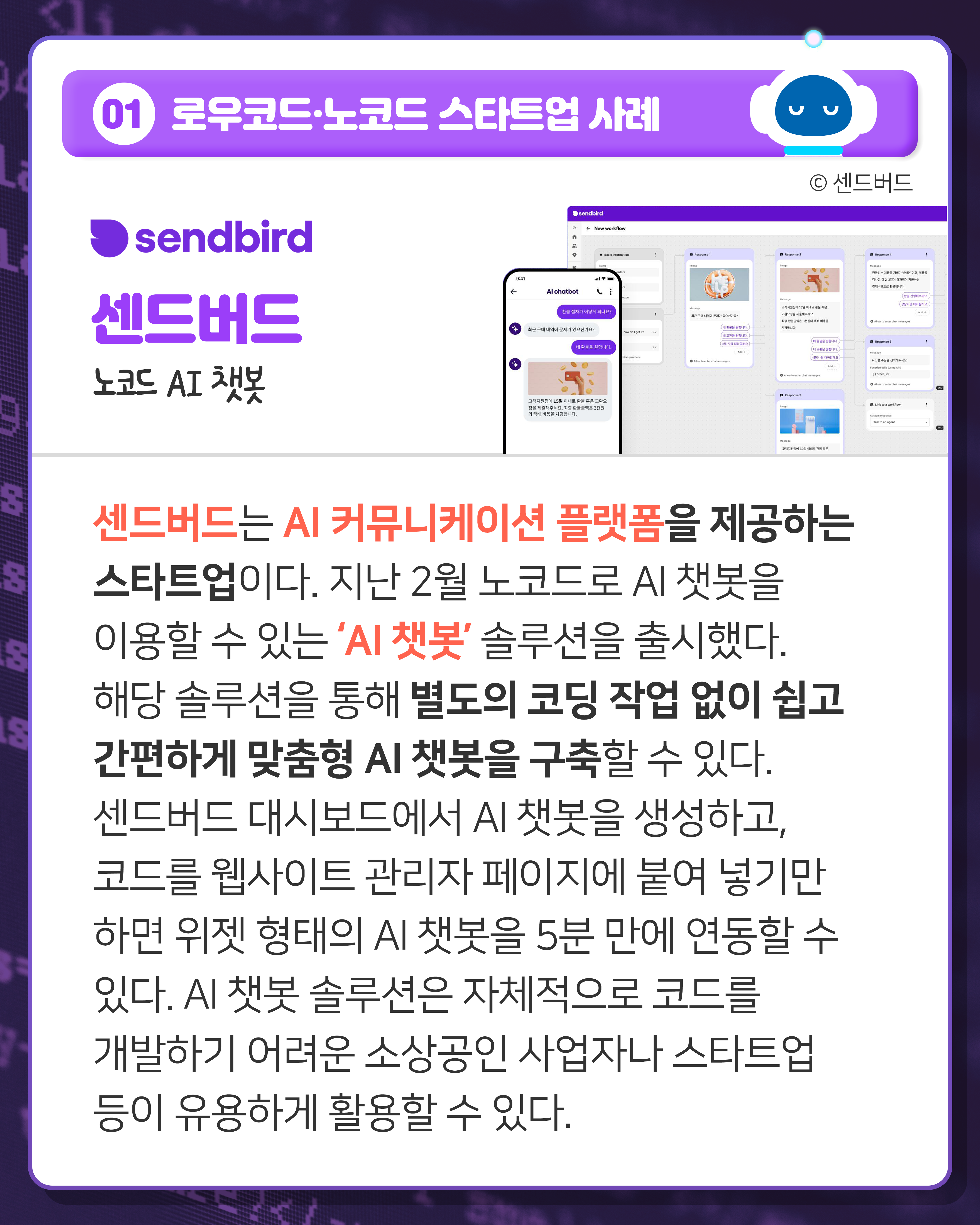 01 로우코드·노코드 스타트업 사례
센드버드 노코드 AI 챗봇
센드버드는 AI 커뮤니케이션 플랫폼을 제공하는 스타트업이다. 지난 2월 노코드로 AI 챗봇을 이용할 수 있는 ‘AI 챗봇’ 솔루션을 출시했다. 해당 솔루션을 통해 별도의 코딩 작업 없이 쉽고 간편하게 맞춤형 AI 챗봇을 구축할 수 있다. 센드버드 대시보드에서 AI 챗봇을 생성하고, 코드를 웹사이트 관리자 페이지에 붙여 넣기만 하면 위젯 형태의 AI 챗봇을 5분 만에 연동할 수 있다. AI 챗봇 솔루션은 자체적으로 코드를 개발하기 어려운 소상공인 사업자나 스타트업 등이 유용하게 활용할 수 있다. 

