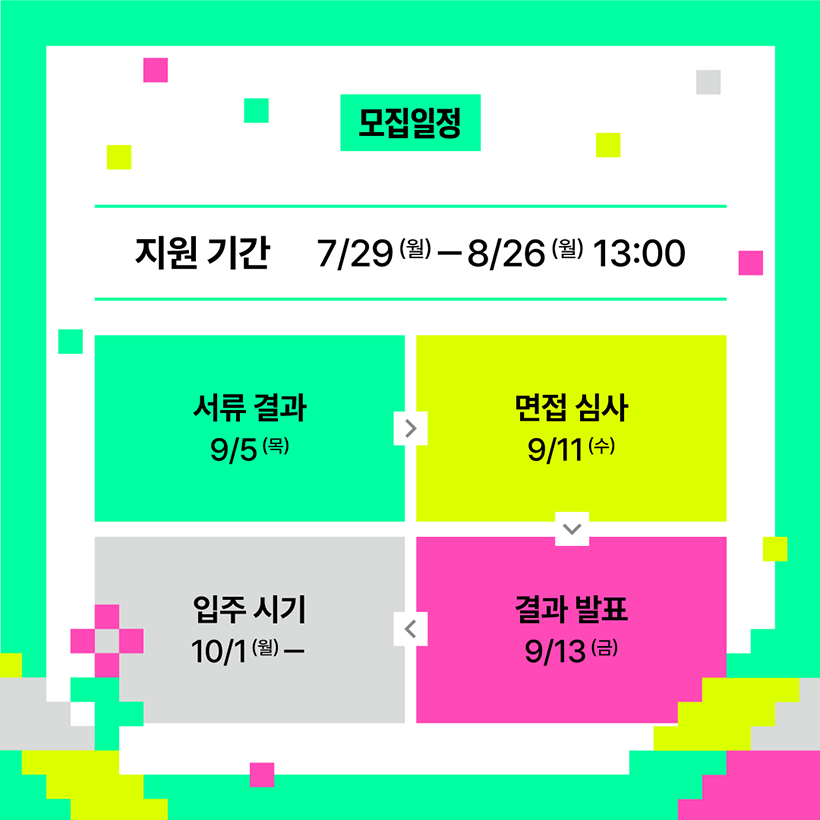 모집일정 
지원기간 7/29(월) - 8/26(월) 13:00
- 서류결과 : 9/5(목)
- 면접심사 : 9/11(수)
- 입주시기 : 10/1(월)-
- 결과발표 : 9/13(금) 