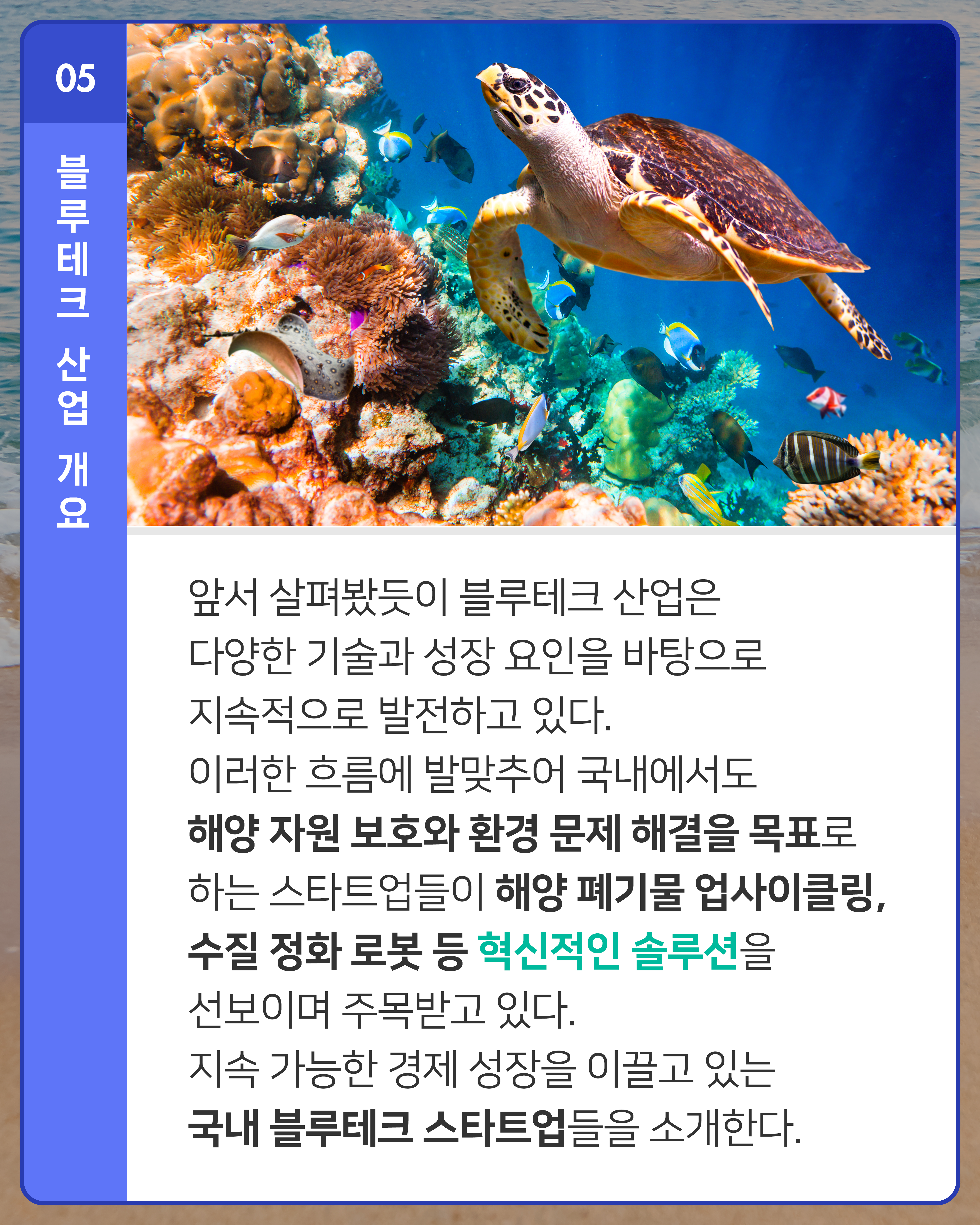 앞서 살펴봤듯이 블루테크 산업은 다양한 기술과 성장 요인을 바탕으로 지속적으로 발전하고 있다. 이러한 흐름에 발맞추어 국내에서도 해양 자원 보호와 환경 문제 해결을 목표로 하는 스타트업들이 해양 폐기물 업사이클링, 수질 정화 로봇 등 혁신적인 솔루션을 선보이며 주목받고 있다. 지속 가능한 경제 성장을 이끌고 있는 국내 블루테크 스타트업들을 소개한다.
