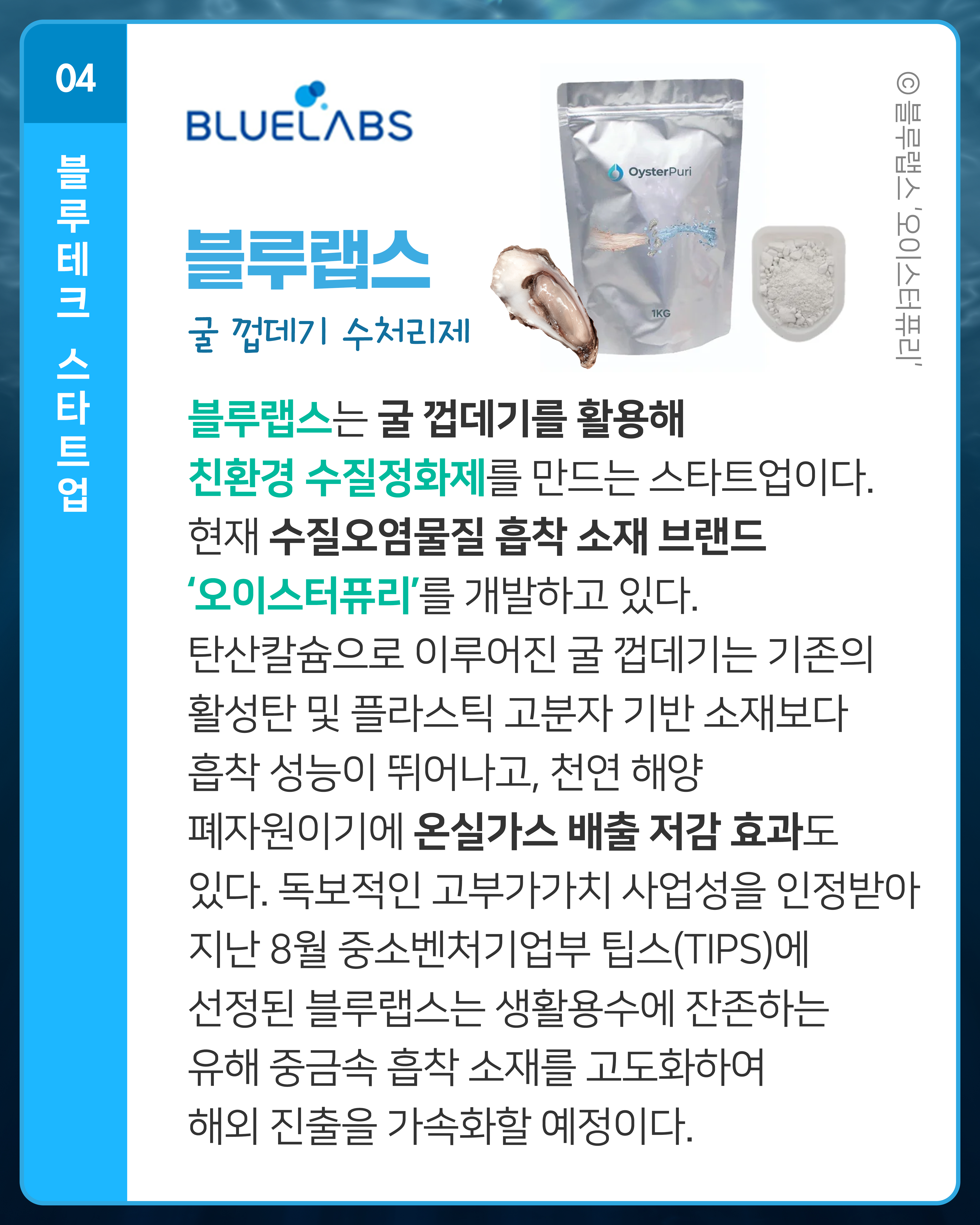 블루랩스 굴 껍데기 수처리제
블루랩스는 굴 껍데기를 활용해 친환경 수질정화제를 만드는 스타트업이다. 현재 수질오염물질 흡착 소재 브랜드 ‘오이스터퓨리’를 개발하고 있다. 탄산칼슘으로 이루어진 굴 껍데기는 기존의 활성탄 및 플라스틱 고분자 기반 소재보다 흡착 성능이 뛰어나고, 천연 해양 폐자원이기에 온실가스 배출 저감 효과도 있다. 독보적인 고부가가치 사업성을 인정받아 지난 8월 중소벤처기업부 팁스(TIPS)에 선정된 블루랩스는 생활용수에 잔존하는 유해 중금속 흡착 소재를 고도화하여 해외 진출을 가속화할 예정이다.
