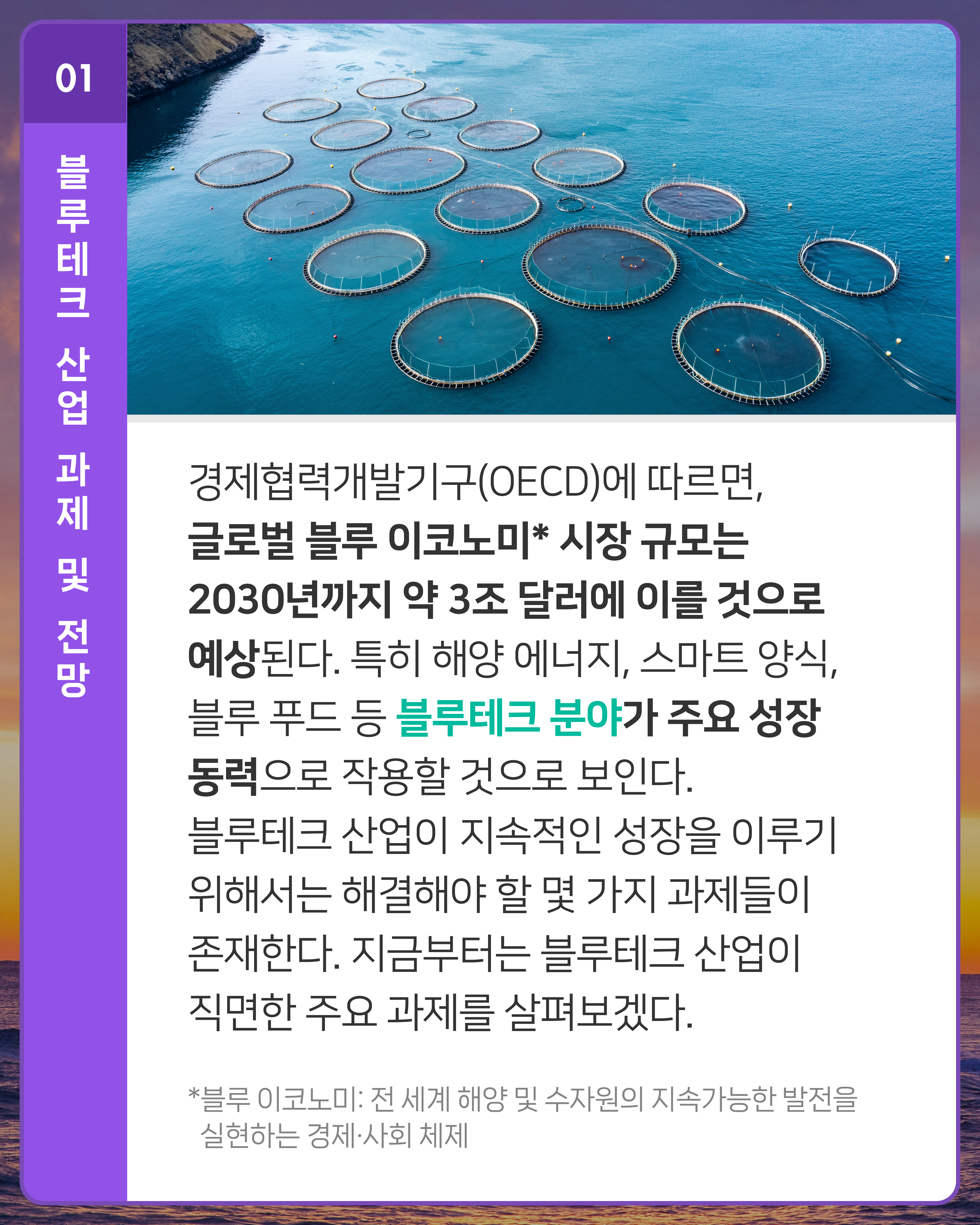 경제협력개발기구(OECD)에 따르면, 글로벌 블루 이코노미* 시장 규모는 2030년까지 약 3조 달러에 이를 것으로 예상된다. 특히 해양 에너지, 스마트 양식, 블루 푸드 등 블루테크 분야가 주요 성장 동력으로 작용할 것으로 보인다. 블루테크 산업이 지속적인 성장을 이루기 위해서는 해결해야 할 몇 가지 과제들이 존재한다. 지금부터는 블루테크 산업이 직면한 주요 과제를 살펴보겠다.
*블루 이코노미: 전 세계 해양 및 수자원의 지속가능한 발전을 실현하는 경제·사회 체제
