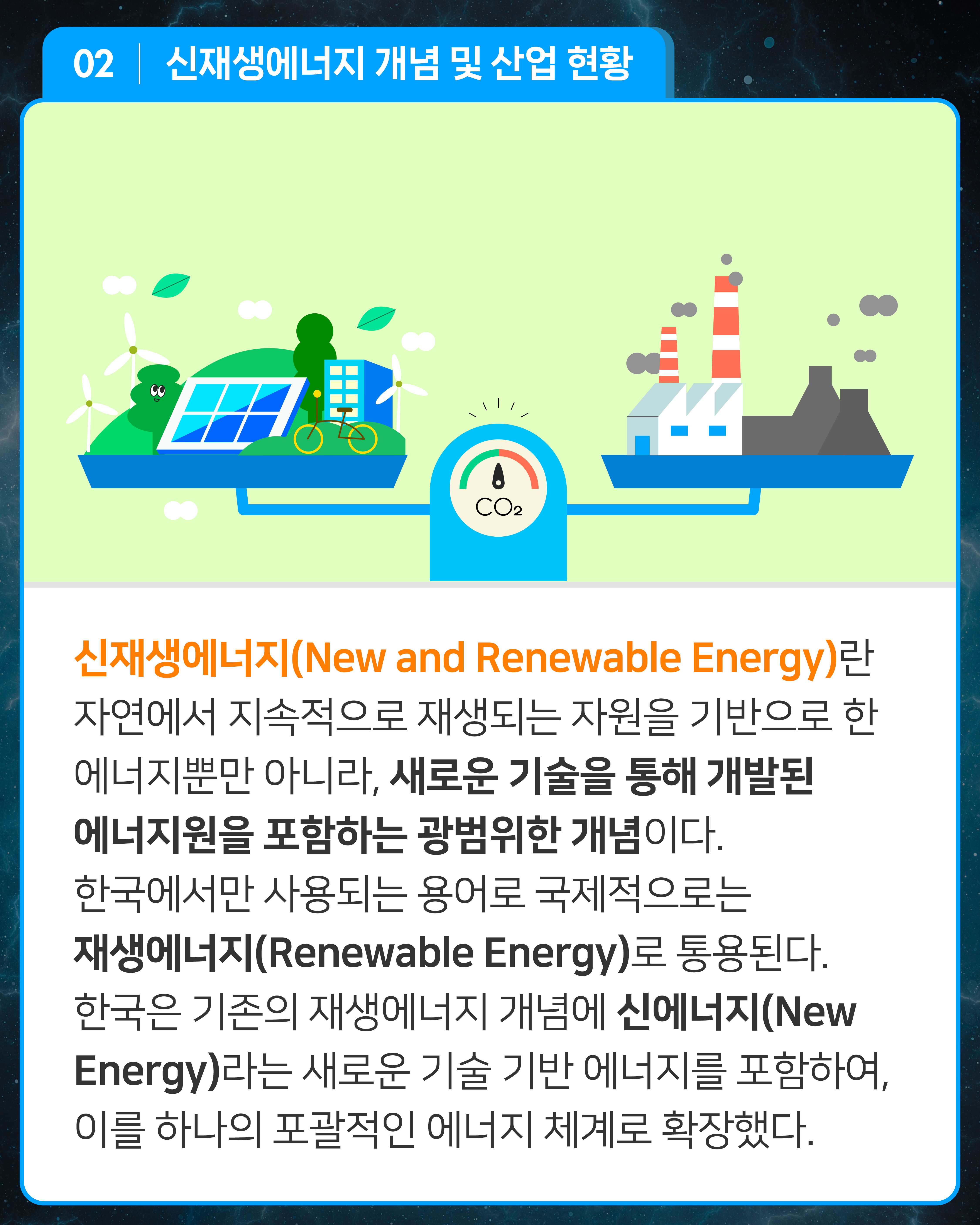 신재생에너지(New and Renewable Energy)란 자연에서 지속적으로 재생되는 자원을 기반으로 한 에너지뿐만 아니라, 새로운 기술을 통해 개발된 에너지원을 포함하는 광범위한 개념이다. 한국에서만 사용되는 용어로 국제적으로는 재생에너지(Renewable Energy)로 통용된다. 한국은 기존의 재생에너지 개념에 신에너지(New Energy)라는 새로운 기술 기반 에너지를 포함하여, 이를 하나의 포괄적인 에너지 체계로 확장했다. 
