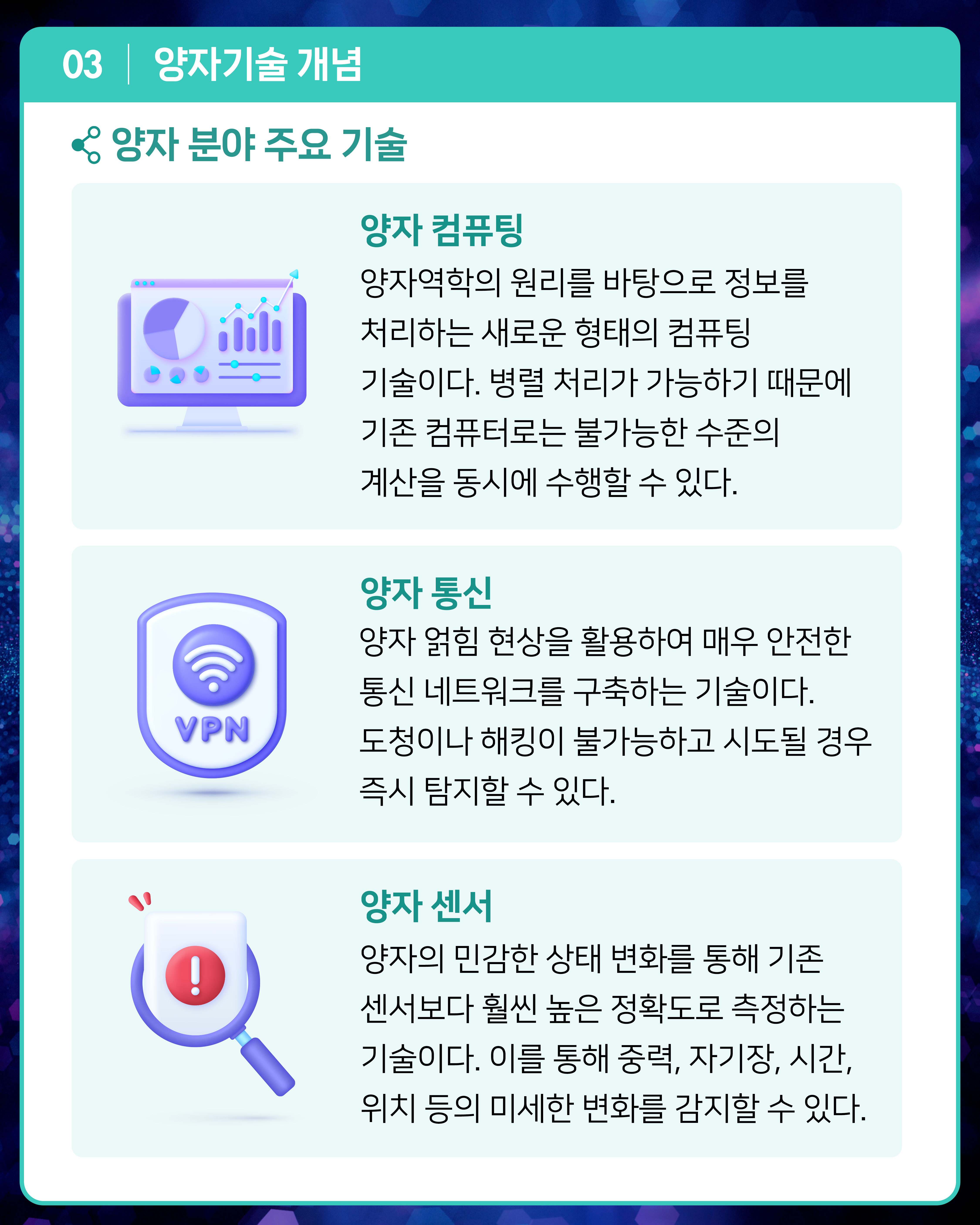 [양자 분야 주요 기술]
1. 양자 컴퓨팅
양자역학의 원리를 바탕으로 정보를 처리하는 새로운 형태의 컴퓨팅 기술이다. 병렬 처리가 가능하기 때문에 기존 컴퓨터로는 불가능한 수준의 계산을 동시에 수행할 수 있다. 
2. 양자 통신
양자 얽힘 현상을 활용하여 매우 안전한 통신 네트워크를 구축하는 기술이다. 도청이나 해킹이 불가능하고 시도될 경우 즉시 탐지할 수 있다.
3. 양자 센서
양자의 민감한 상태 변화를 통해 기존 센서보다 훨씬 높은 정확도로 측정하는 기술이다. 이를 통해 중력, 자기장, 시간, 위치 등의 미세한 변화를 감지할 수 있다.
