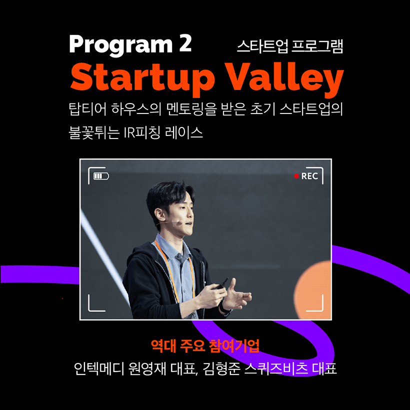 Program 2
스타트업 프로그램 Startup Valley
탑티어 하우스의 멘토링을 받은 초기 스타트업의 
불꽃튀는 IR피칭 레이스 
(컴업 2023 강연자의 강연 현장 이미지 입니다)
역대 주요 참여기업 
인텍메디 원영재 대표, 김형준 스퀴즈비츠 대표