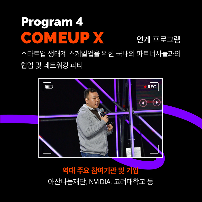 Program 4
COMEUP X 연계 프로그램
스타트업 생태계 스케일업을 위한 국내외 파트너사들과의 
협업 및 네트워킹 파티
(컵업 2023 강연자의 강연 현장 이미지 입니다)
역대 주요 참여기관 및 기업 
아산나눔재단, NVIDIA, 고려대학교 등