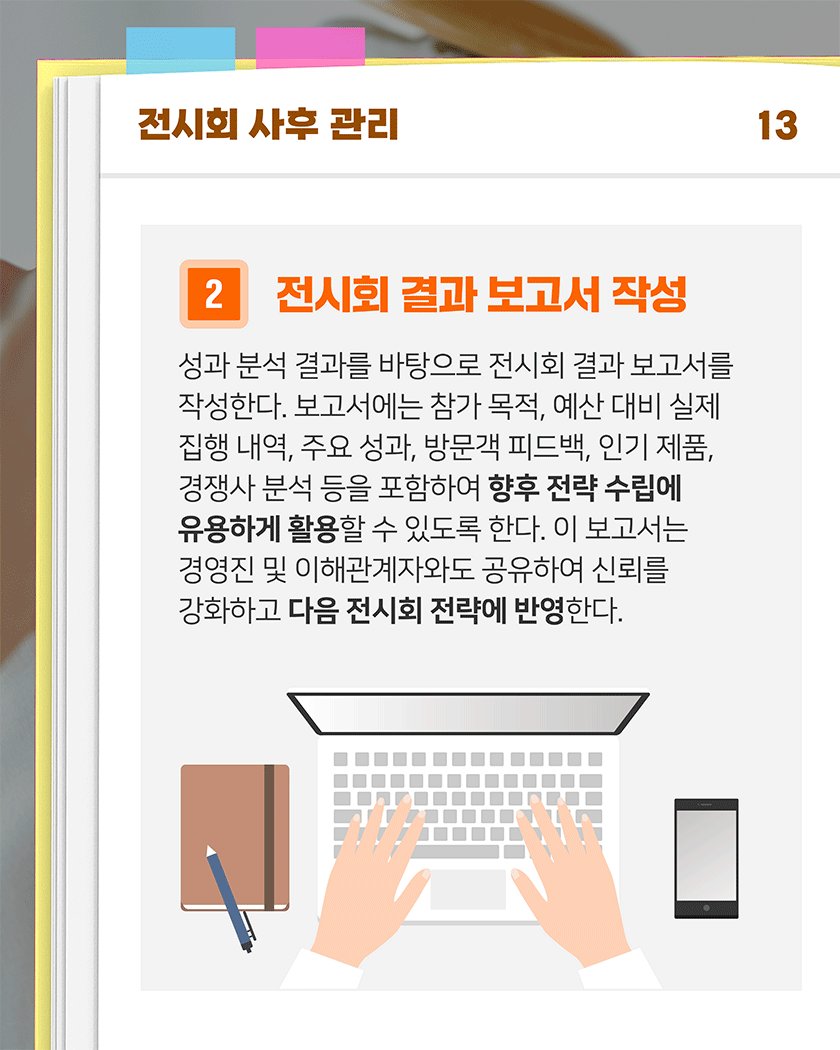 전시회 사후 관리 13
2. 전시회 결과 보고서 작성
성과 분석 결과를 바탕으로 전시회 결과 보고서를 작성한다. 보고서에는 참가 목적, 예산 대비 실제 집행 내역, 주요 성과, 방문객 피드백, 인기 제품, 경쟁사 분석 등을 포함하여 향후 전략 수립에 유용하게 활용할 수 있도록 한다.
이 보고서는 경영진 및 이해관계자와도 공유하여 신뢰를 강화하고 다음 전시회 전략에 반영한다.
