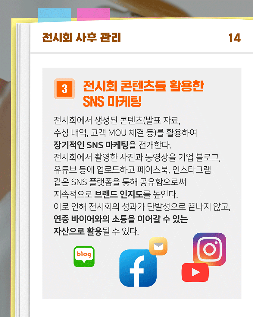 전시회 사후 관리 14
3. 전시회 콘텐츠를 활용한 SNS 마케팅
전시회에서 생성된 콘텐츠(발표 자료, 수상 내역, 고객 MOU 체결 등)를 활용하여 장기적인 SNS 마케팅을 전개한다. 전시회에서 촬영한 사진과 동영상을 기업 블로그, 유튜브 등에 업로드하고 페이스북, 인스타그램 같은 SNS 플랫폼을 통해 공유함으로써 지속적으로 브랜드 인지도를 높인다.
이로 인해 전시회의 성과가 단발성으로 끝나지 않고, 연중 바이어와의 소통을 이어갈 수 있는 자산으로 활용될 수 있다​.
