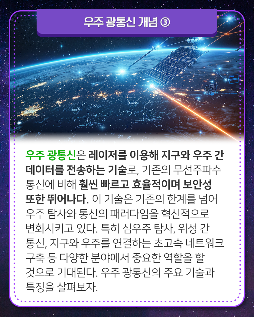 우주 광통신 개념 ③
우주 광통신은 레이저를 이용해 지구와 우주 간 데이터를 전송하는 기술로, 기
존의 무선주파수 통신에 비해 훨씬 빠르고 효율적이며 보안성 또한 뛰어나다.
이 기술은 기존의 한계를 넘어 우주 탐사와 통신의 패러다임을 혁신적으로 변화
시키고 있다. 특히 심우주 탐사, 위성 간 통신, 지구와 우주를 연결하는 초고속
네트워크 구축 등 다양한 분야에서 중요한 역할을 할 것으로 기대된다. 우주 광
통신의 주요 기술과 특징을 살펴보자.