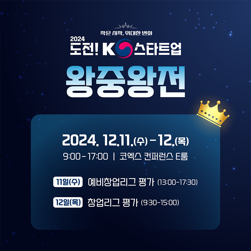 작은 시작, 위대한 변화
2024
도전! K스타트업
왕중왕전

2024.12.11.(수)-12.(목) 
9:00-17:00 | 코엑스 컨퍼런스 E룸

11일(수) 예비창업리그 평가 (13:00-17:30)
12일(목) 창업리그 평가 (9:30-15:00)