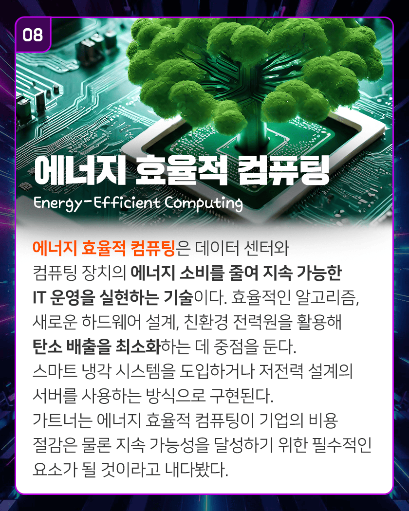 08 에너지 효율적 컴퓨팅 Energy-Efficient Computing
에너지 효율적 컴퓨팅은 데이터 센터와 컴퓨팅 장치의 에너지 소비를 줄여 지속 가능한 IT 운영을 실현하는 기술이다. 효율적인 알고리즘, 새로운 하드웨어 설계, 친환경 전력원을 활용해 탄소 배출을 최소화하는 데 중점을 둔다. 스마트 냉각 시스템을 도입하거나 저전력 설계의 서버를 사용하는 방식으로 구현된다. 가트너는 에너지 효율적 컴퓨팅이 기업의 비용 절감은 물론 지속 가능성을 달성하기 위한 필수적인 요소가 될 것이라고 내다봤다. 
