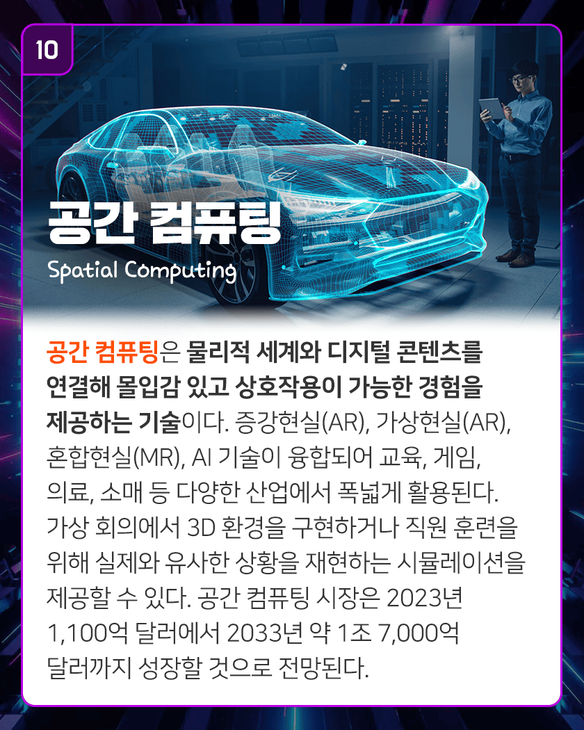 10 공간 컴퓨팅 Spatial Computing
공간 컴퓨팅은 물리적 세계와 디지털 콘텐츠를 연결해 몰입감 있고 상호작용이 가능한 경험을 제공하는 기술이다. 증강현실(AR), 가상현실(AR), 혼합현실(MR), AI 기술이 융합되어 교육, 게임, 의료, 소매 등 다양한 산업에서 폭넓게 활용된다. 가상 회의에서 3D 환경을 구현하거나 직원 훈련을 위해 실제와 유사한 상황을 재현하는 시뮬레이션을 제공할 수 있다. 공간 컴퓨팅 시장은 2023년 1,100억 달러에서 2033년 약 1조 7,000억 달러까지 성장할 것으로 전망된다.
