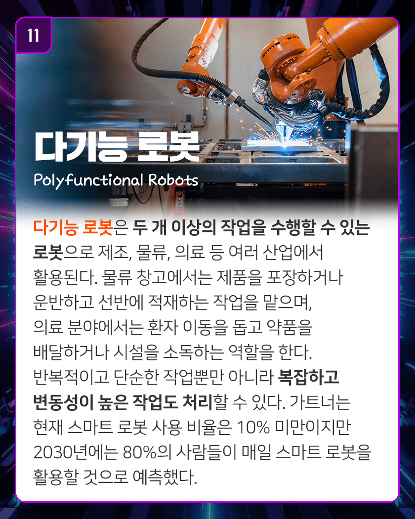 11 다기능 로봇 Polyfunctional Robots
다기능 로봇은 두 개 이상의 작업을 수행할 수 있는 로봇으로 제조, 물류, 의료 등 여러 산업에서 활용된다. 물류 창고에서는 제품을 포장하거나 운반하고 선반에 적재하는 작업을 맡으며, 의료 분야에서는 환자 이동을 돕고 약품을 배달하거나 시설을 소독하는 역할을 한다. 반복적이고 단순한 작업뿐만 아니라 복잡하고 변동성이 높은 작업도 처리할 수 있다. 가트너는 현재 스마트 로봇 사용 비율은 10% 미만이지만 2030년에는 80%의 사람들이 매일 스마트 로봇을 활용할 것으로 예측했다. 
