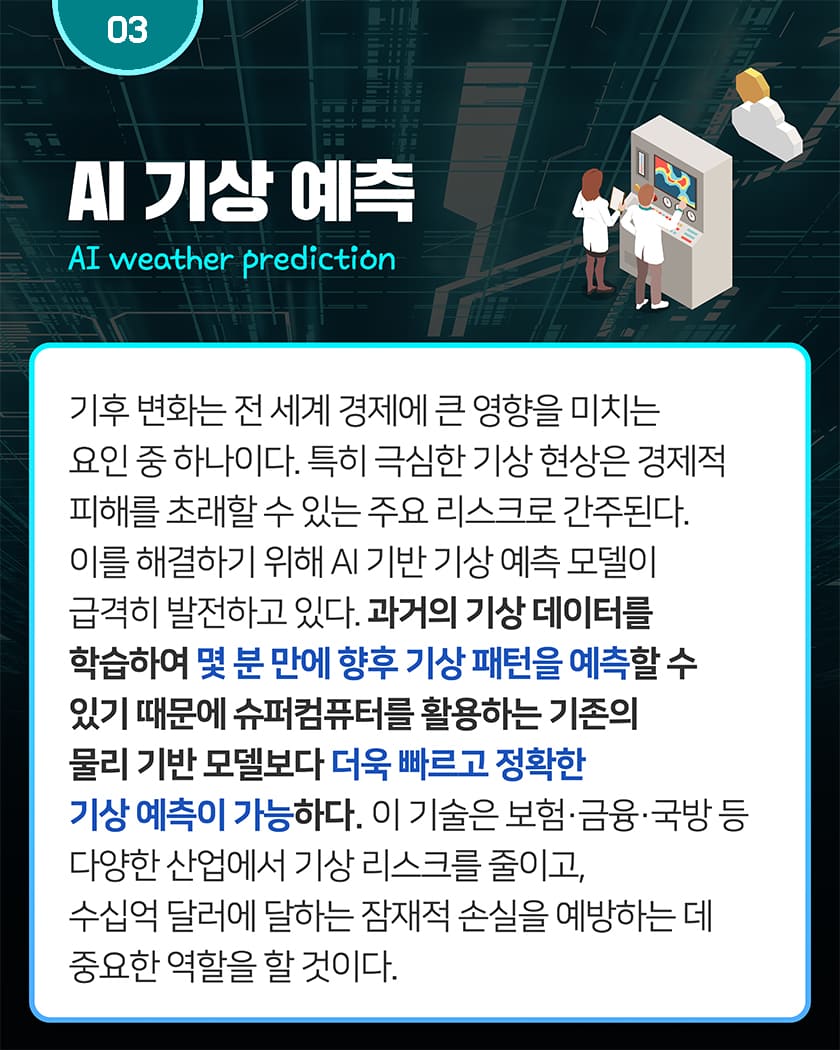 03 AI 기상 예측 AI weather prediction
기후 변화는 전 세계 경제에 큰 영향을 미치는 요인 중 하나이다. 특히 극심한 기상 현상은 경제적 피해를 초래할 수 있는 주요 리스크로 간주된다. 이를 해결하기 위해 AI 기반 기상 예측 모델이 급격히 발전하고 있다. 과거의 기상 데이터를 학습하여 몇 분 만에 향후 기상 패턴을 예측할 수 있기 때문에 슈퍼컴퓨터를 활용하는 기존의 물리 기반 모델보다 더욱 빠르고 정확한 기상 예측이 가능하다. 이 기술은 보험·금융·국방 등 다양한 산업에서 기상 리스크를 줄이고, 수십억 달러에 달하는 잠재적 손실을 예방하는 데 중요한 역할을 할 것이다.