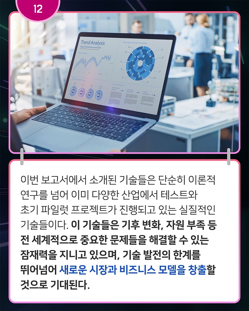 12 이번 보고서에서 소개된 기술들은 단순히 이론적 연구를 넘어 이미 다양한 산업에서 테스트와 초기 파일럿 프로젝트가 진행되고 있는 실질적인 기술들이다. 이 기술들은 기후 변화, 자원 부족 등 전 세계적으로 중요한 문제들을 해결할 수 있는 잠재력을 지니고 있으며, 기술 발전의 한계를 뛰어넘어 새로운 시장과 비즈니스 모델을 창출할 것으로 기대된다.