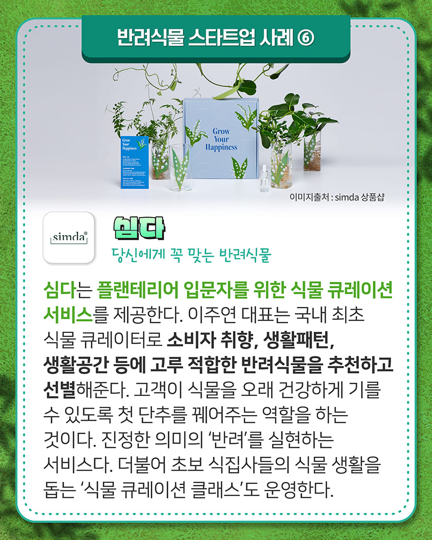 반려식물 스타트업 사례 ⑥ 
<simda® 심다 당신에게 꼭 맞는 반려식물> 이미지 출처:simda 상품샵
심다는 플랜테리어 입문자를 위한 식물 큐레이션 서비스를 제공한다. 이주연 대표는 국내 최초 식물 큐레이터로 소비자 취향, 생활패턴, 생활공간 등에 고루 적합한 반려식물을 추천하고 선별해준다. 고객이 식물을 오래 건강하게 기를 수 있도록 첫 단추를 꿰어주는 역할을 하는 것이다. 더불어 초보 식집사들의 식물 생활을 돕는 ‘식물 큐레이션 클래스’도 운영한다.
