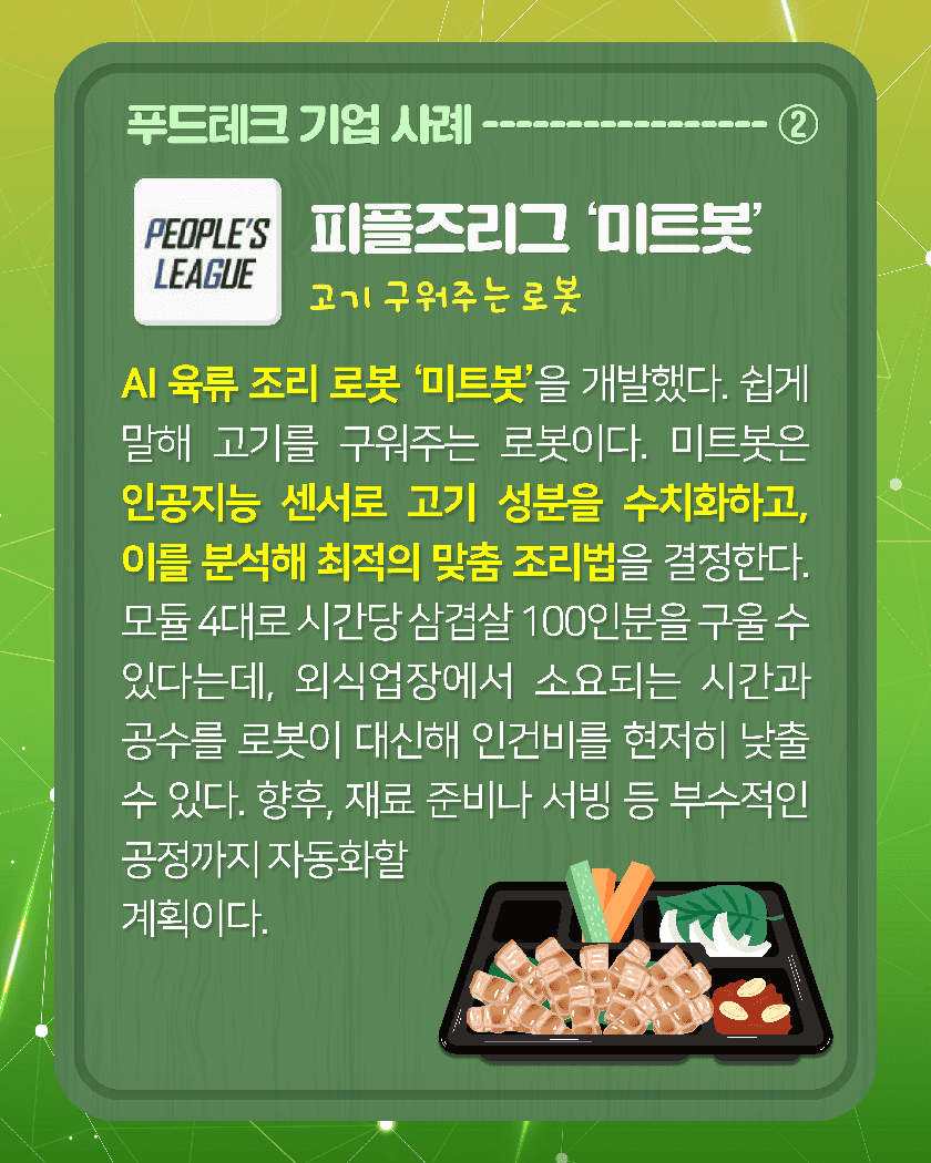 푸드테크 기업 사례--------②
PEOPLE'S LEAGUE
<피플즈리그 미트봇 고기 구워주는 로봇>
피플즈리그는 AI 육류 조리 로봇 ‘미트봇’을 개발했다. 쉽게 말해 고기를 구워주는 로봇이다. 미트봇은 인공지능 센서로 고기 성분을 수치화하고, 이를 분석해 최적의 맞춤 조리법을 결정한다. 모듈 4대로 시간당 삼겹살 100인분을 구울 수 있다는데, 외식업장에서 소요되는 시간과 공수를 로봇이 대신해 인건비를 현저히 낮출 수 있다. 향후, 재료 준비나 서빙 등 부수적인 공정까지 자동화할 계획이다.