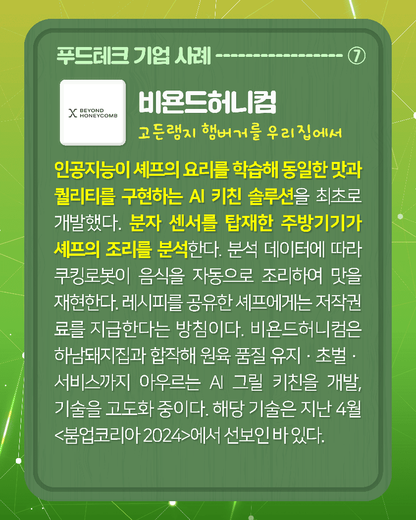 푸드테크 기업 사례--------⑦
BEYOND HONEYCOMB
<비욘드허니컴 고든램지 햄버거를 우리집에서>
인공지능이 셰프의 요리를 학습해 동일한 맛과 퀄리티를 구현하는 AI 키친 솔루션을 최초로 개발했다. 분자 센서를 탑재한 주방기기가 셰프의 조리를 분석한다. 분석 데이터에 따라 쿠킹로봇이 음식을 자동으로 조리하여 맛을 재현한다. 레시피를 공유한 셰프에게는 저작권료를 지급한다는 방침이다. 비욘드허니컴은 하남돼지집과 합작해 원육 품질 유지·초벌·서비스까지 아우르는 AI 그릴 키친을 개발, 기술을 고도화 중이다. 해당 기술은 지난 4월 <붐업코리아 2024>에서 선보인 바 있다. 