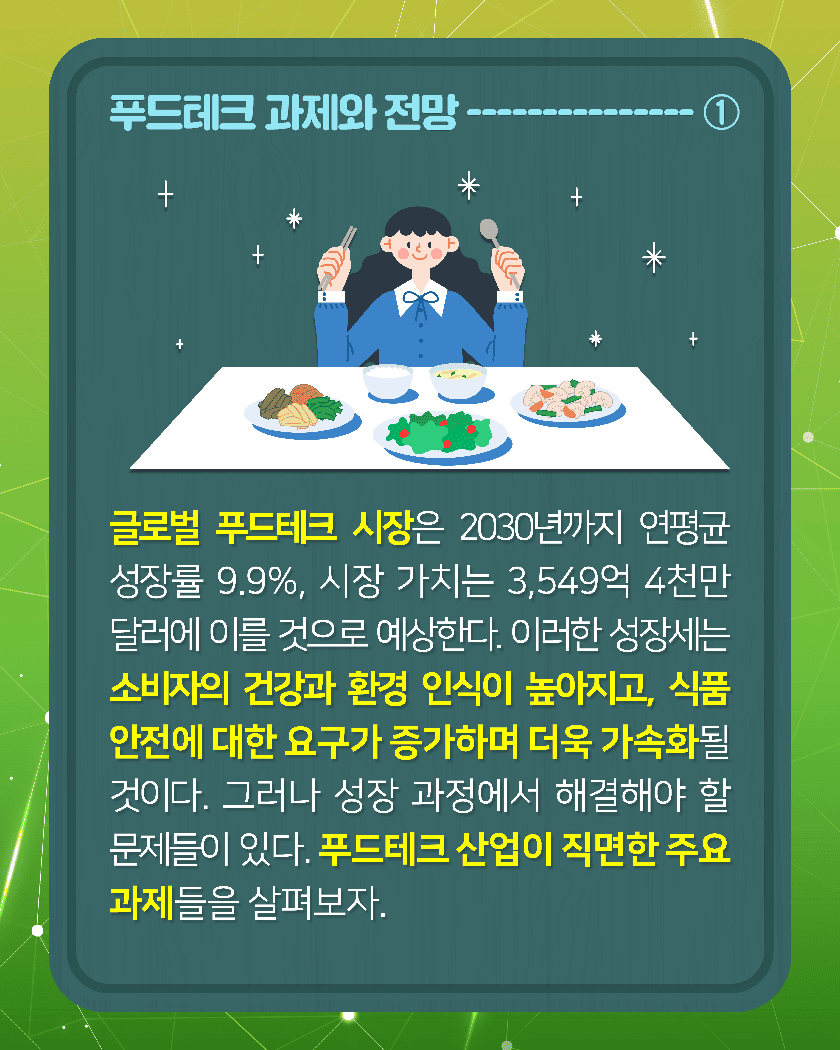 푸드테크 과제와 전망-----------①
글로벌 푸드테크 시장은 2030년까지 연평균 성장률 9.9%, 시장 가치는 3,549억 4천만 달러에 이를 것으로 예상한다. 이러한 성장세는 소비자의 건강과 환경 인식이 높아지고, 식품 안전에 대한 요구가 증가하며 더욱 가속화될 것이다. 그러나 성장 과정에서 해결해야 할 문제들이 있다. 푸트테크 산업이 직면한 주요 과제들을 살펴보자. 